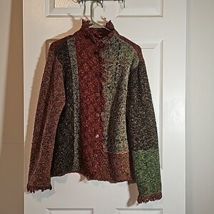Chico’s Boucle Knit Cardigan Size 0 S Orange Green Color Block Art Wear Fringe